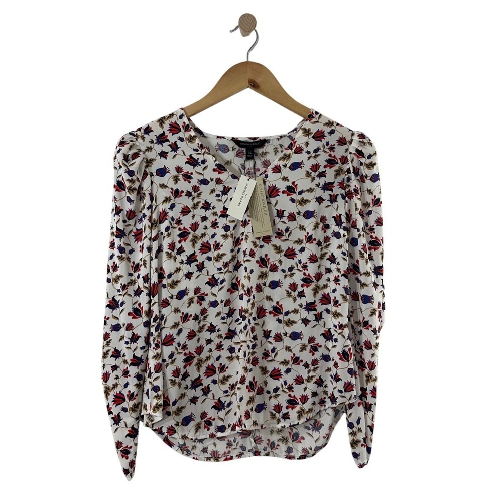 Banana Republic Womens Petite XS Red Floral V-Neck Puff Sleeve Blouse New